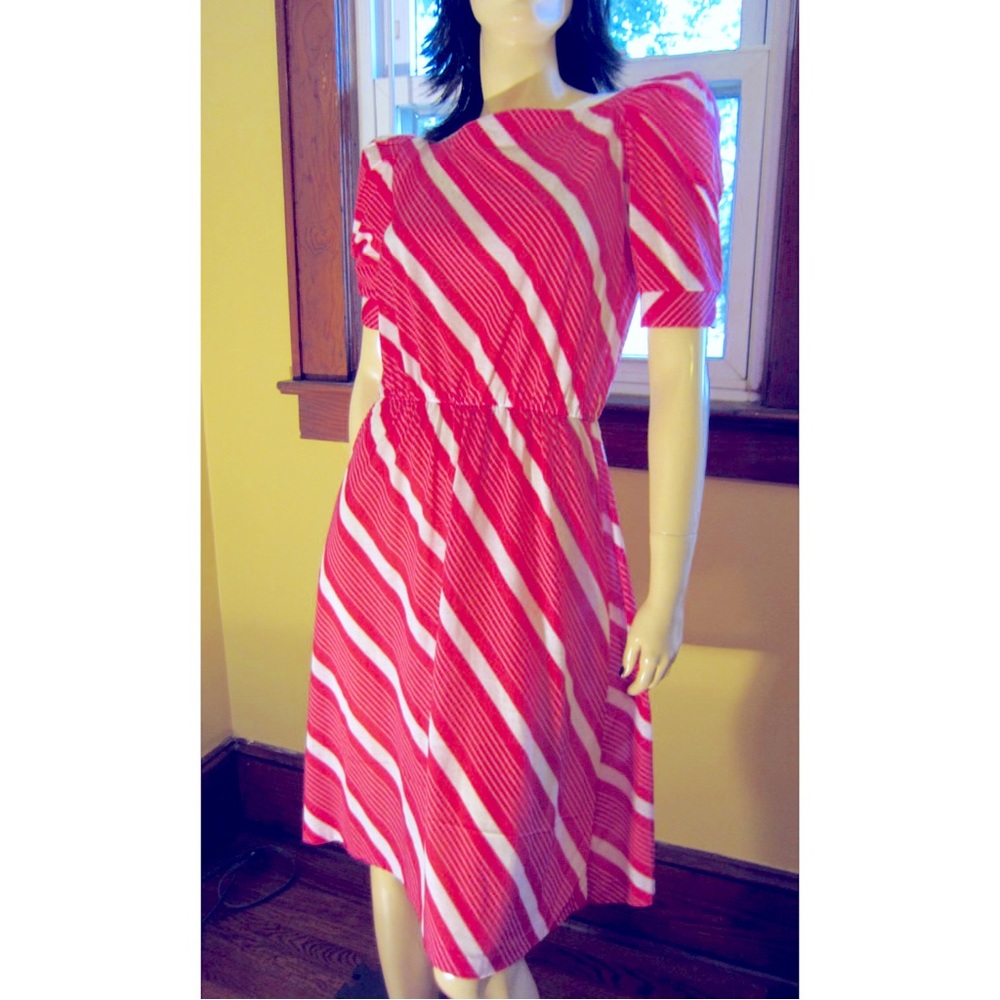 Vintage 80s Pink Candy Stripes Puff Sleeve Dress